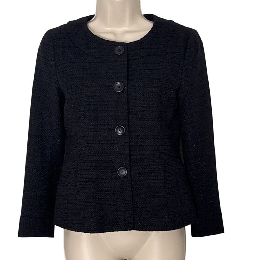 Theory Tessen Tweed Cropped Button Front Wool Alpaca Blend Jacket in Black Sz 2